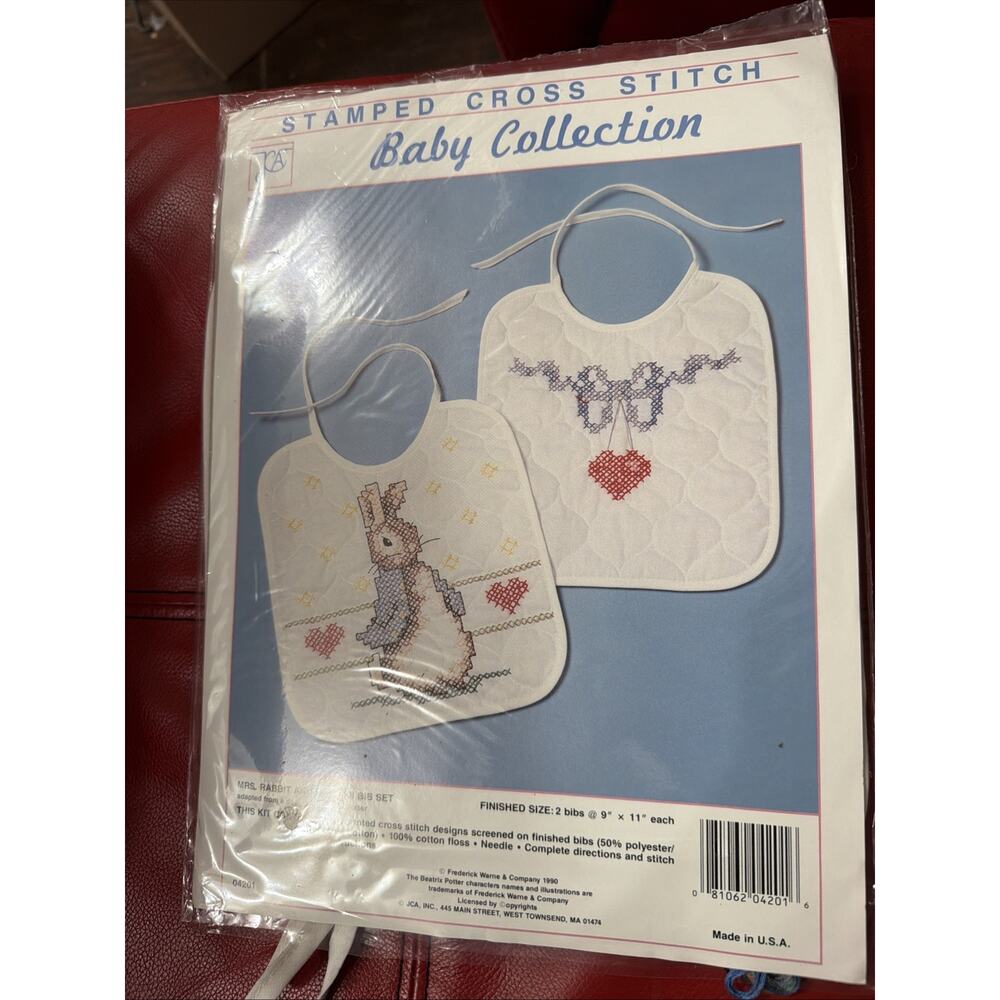 JCA Baby Collection Stamped Cross Stitch Kit Bunny Rabbit Heart Bib Set of 2 NOS